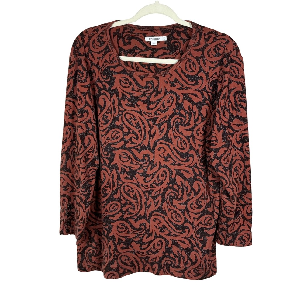 Chicos Rust Black Abstract Paisley Scoop Neck Top Button Cuff Size 3 XL